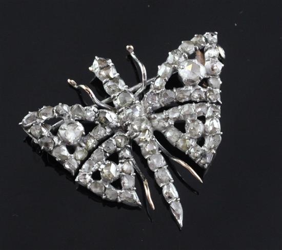 An antique gold, silver and rose cut diamond set butterfly brooch, width 1.5in.